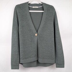 Linen Green Knit Cardigan Button Front V Neck Long Sleeve L Boho Preppy Spring